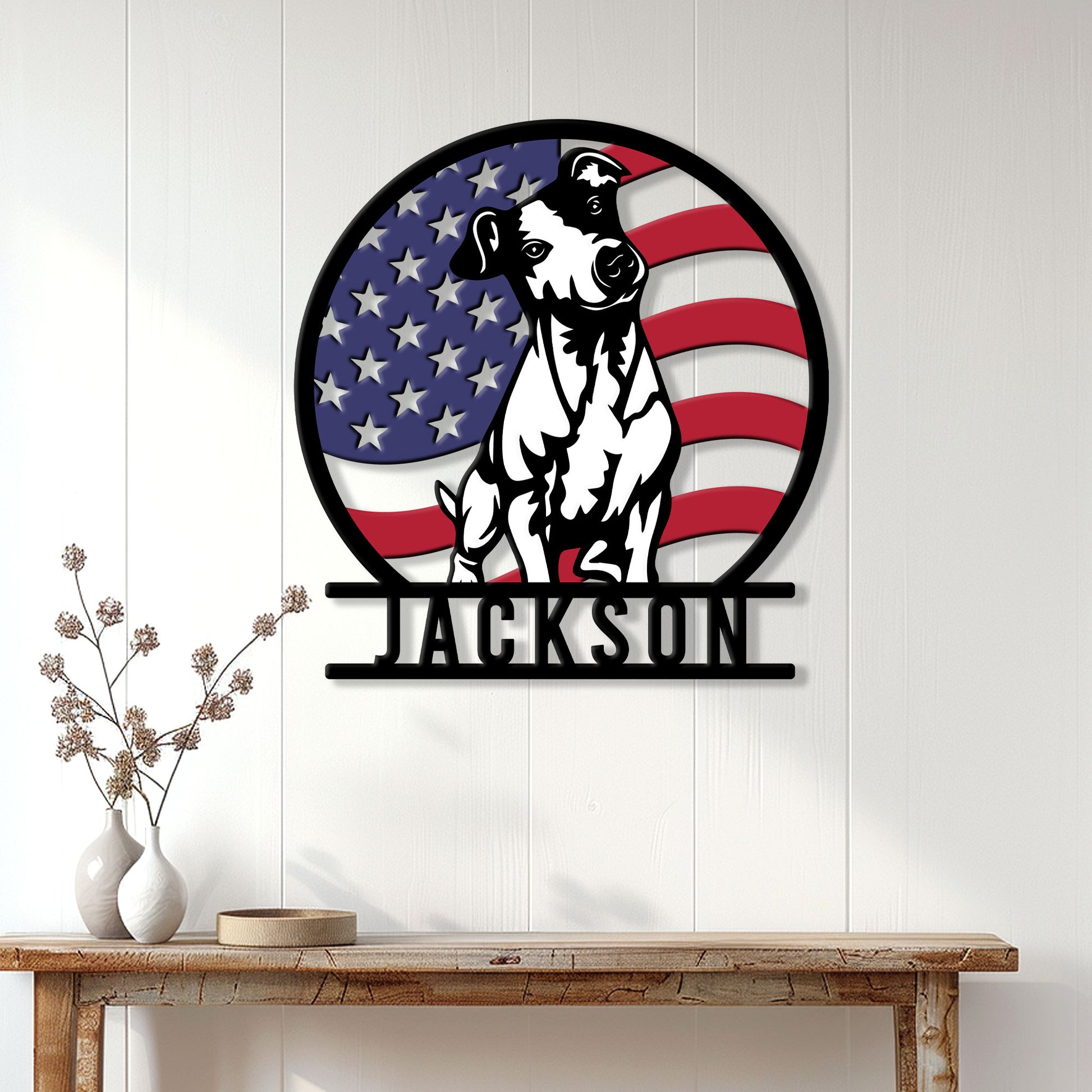 Jack Russell dog metal wall sign displayed on a bright paneled wall above a rustic console table