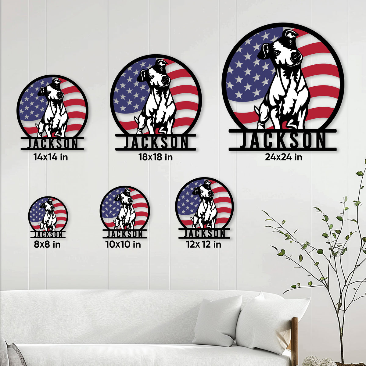 Jack Russell metal sign size guide showing available square sizes from 8 by 8 to 24 by 24 inches