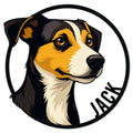 Circular metal sign featuring a detailed tri-color Jack Russell Terrier portrait in a bold black frame