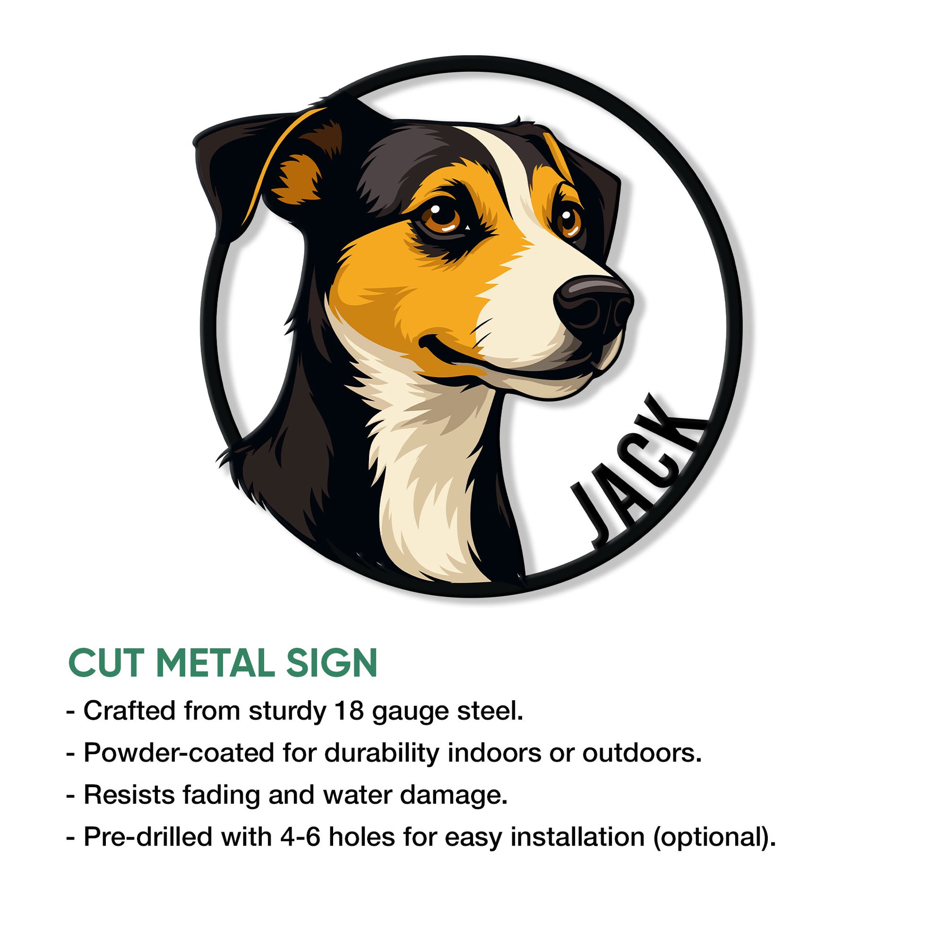 Jack Russell Terrier metal sign product graphic highlighting the cut-metal design and wall decor use