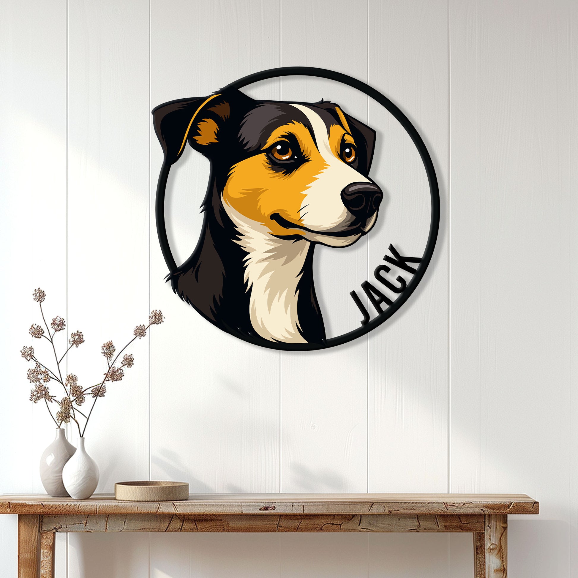 Jack Russell dog metal sign displayed on a light wood-paneled wall above a console table