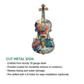 Violin-shaped cut metal sign featuring a colorful floral design in a product feature presentation