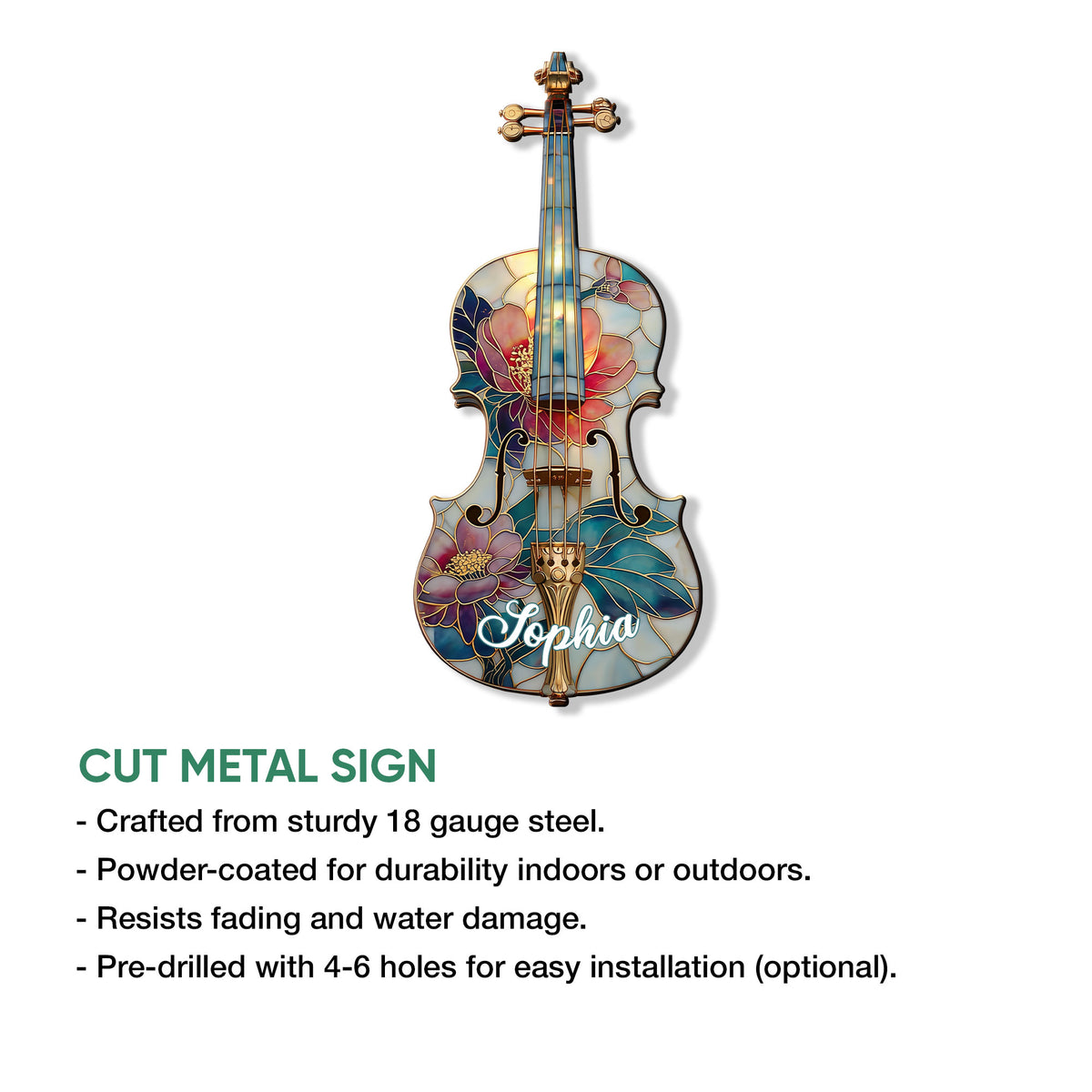 Violin-shaped cut metal sign featuring a colorful floral design in a product feature presentation