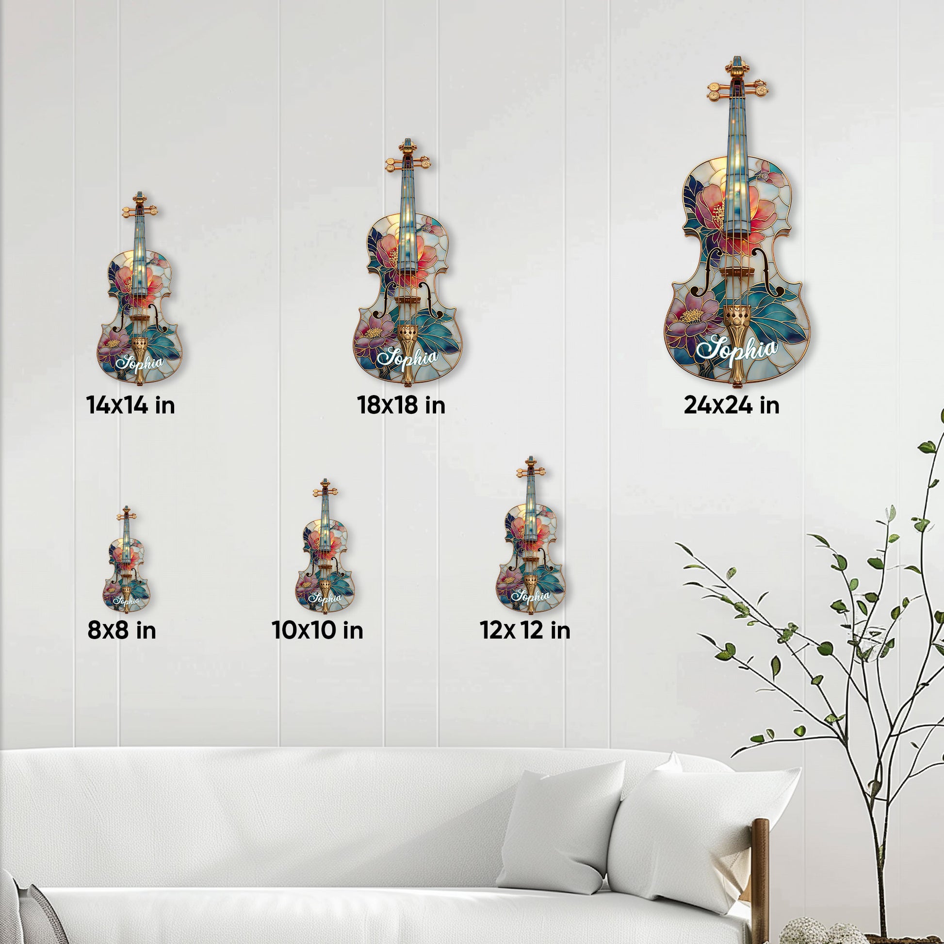 Violin metal sign size guide showing available square sizes from 8x8 to 24x24 inches