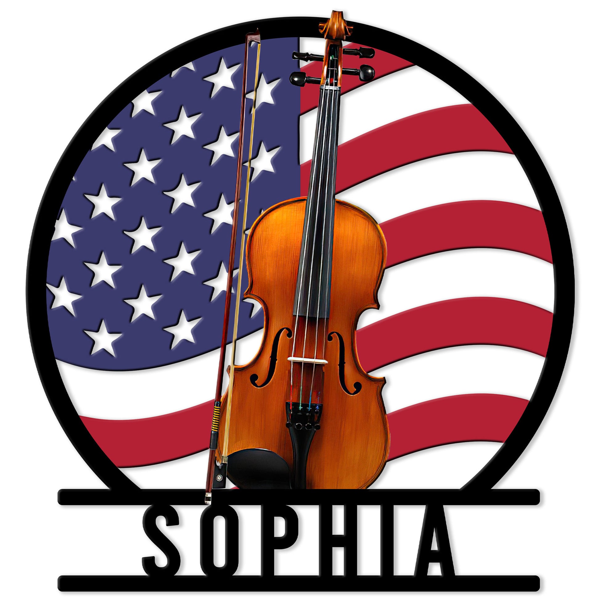 Patriotic violin metal sign featuring a violin and bow over a red, white, and blue American flag design
