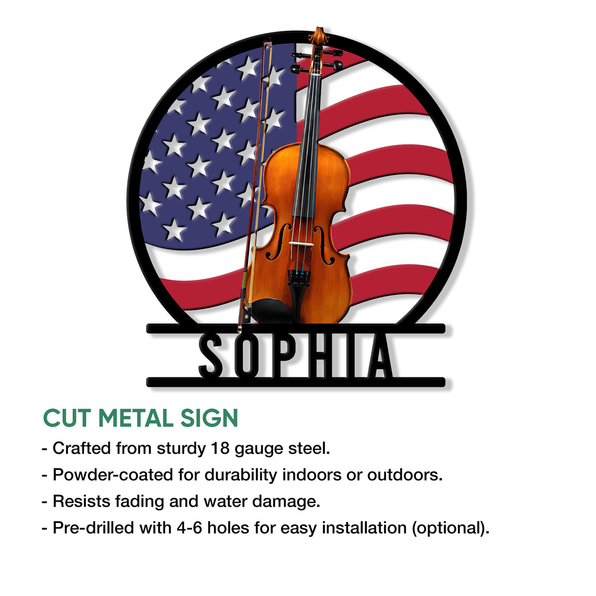 Patriotic violin metal sign shown with product feature information and a bold American flag background