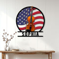 Violin wall decor displayed above a console table, featuring a violin and bow against an American flag