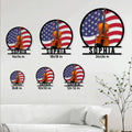Patriotic violin metal sign shown in multiple size options on a living room wall
