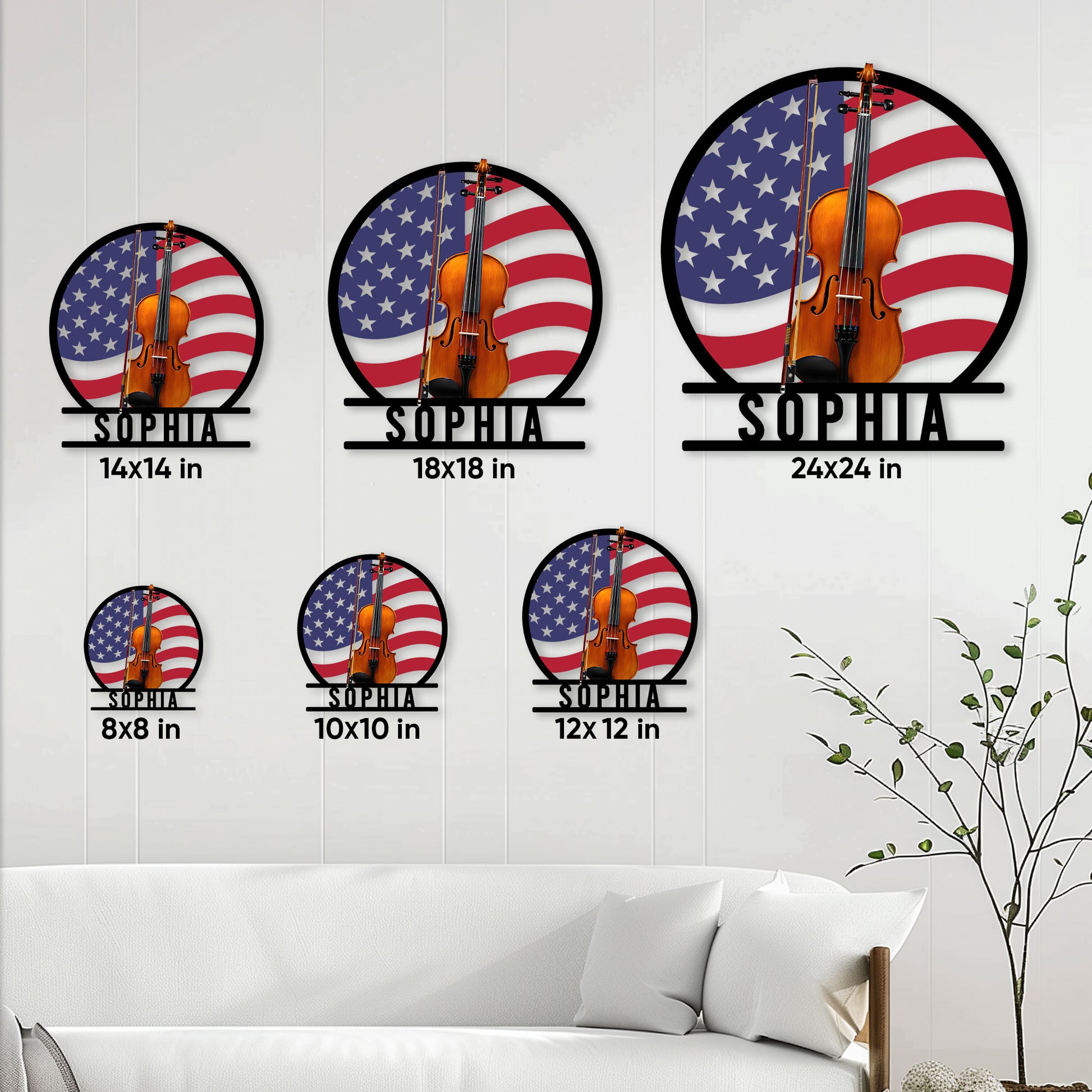 Patriotic violin metal sign shown in multiple size options on a living room wall