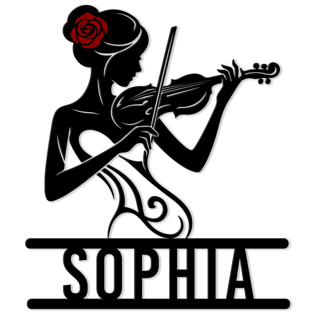 Custom violinist metal sign featuring an elegant woman playing violin with a red rose accent