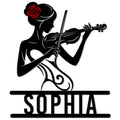 Custom violinist metal sign featuring an elegant woman playing violin with a red rose accent