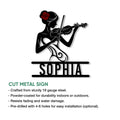 Violinist metal sign feature graphic showing the silhouette design and cut metal sign presentation