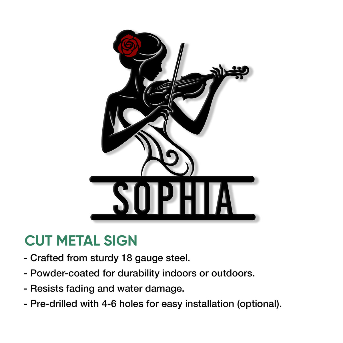 Violinist metal sign feature graphic showing the silhouette design and cut metal sign presentation