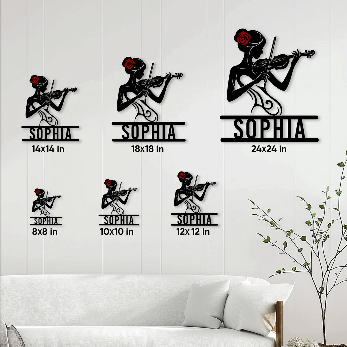 Violinist metal sign size guide showing available square dimensions from 8x8 to 24x24 inches