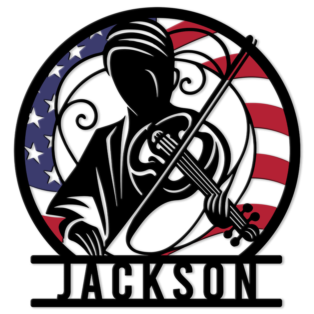 Custom violin metal sign featuring a dramatic violinist silhouette framed by a patriotic American flag design