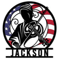Custom violin metal sign featuring a dramatic violinist silhouette framed by a patriotic American flag design