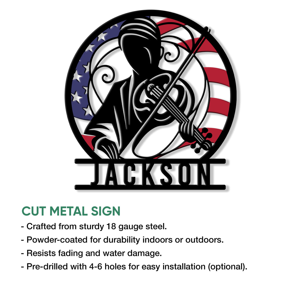 Cut metal violin sign featuring a violinist silhouette and patriotic flag artwork in a product feature graphic