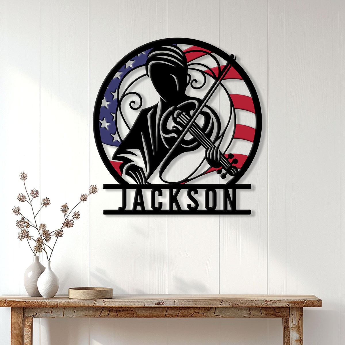 Patriotic violinist metal sign displayed as music wall decor above a console table in a bright home interior