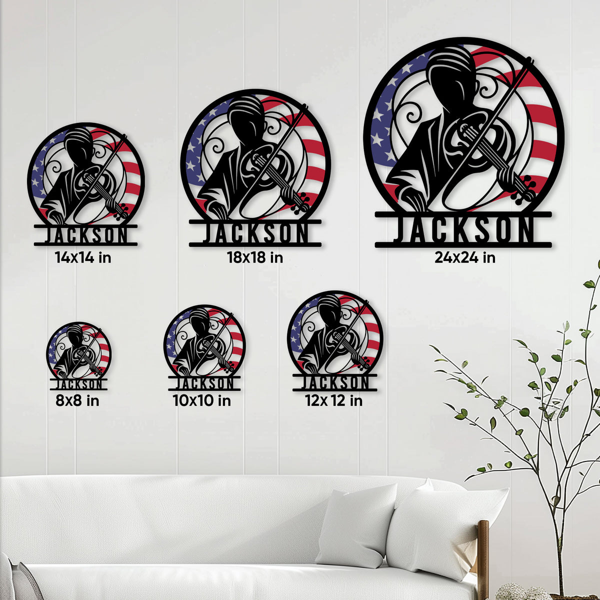 Violin metal sign shown in multiple size options on a living room wall for scale comparison
