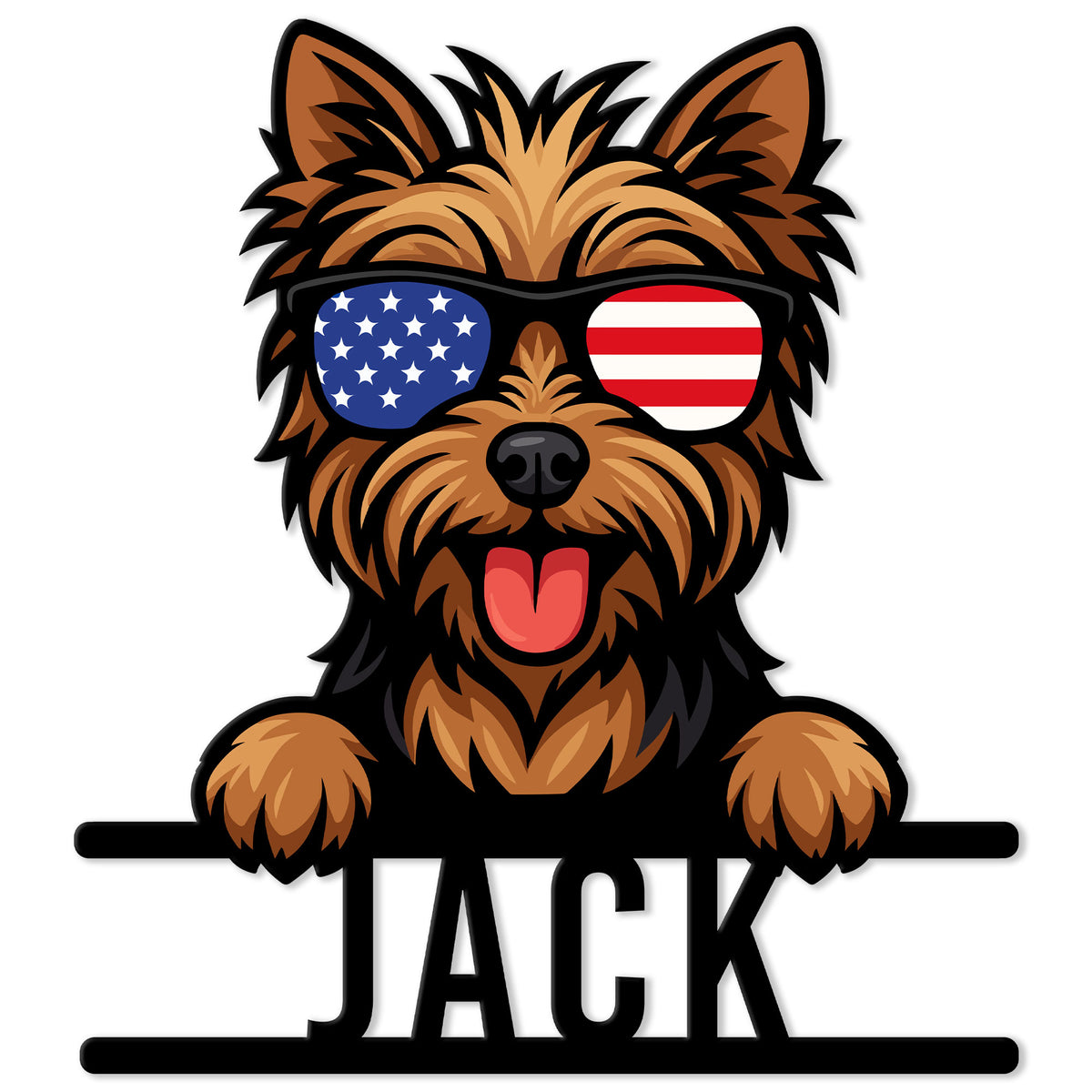 Custom Yorkie metal sign featuring a cheerful Yorkshire Terrier wearing patriotic flag-patterned sunglasses