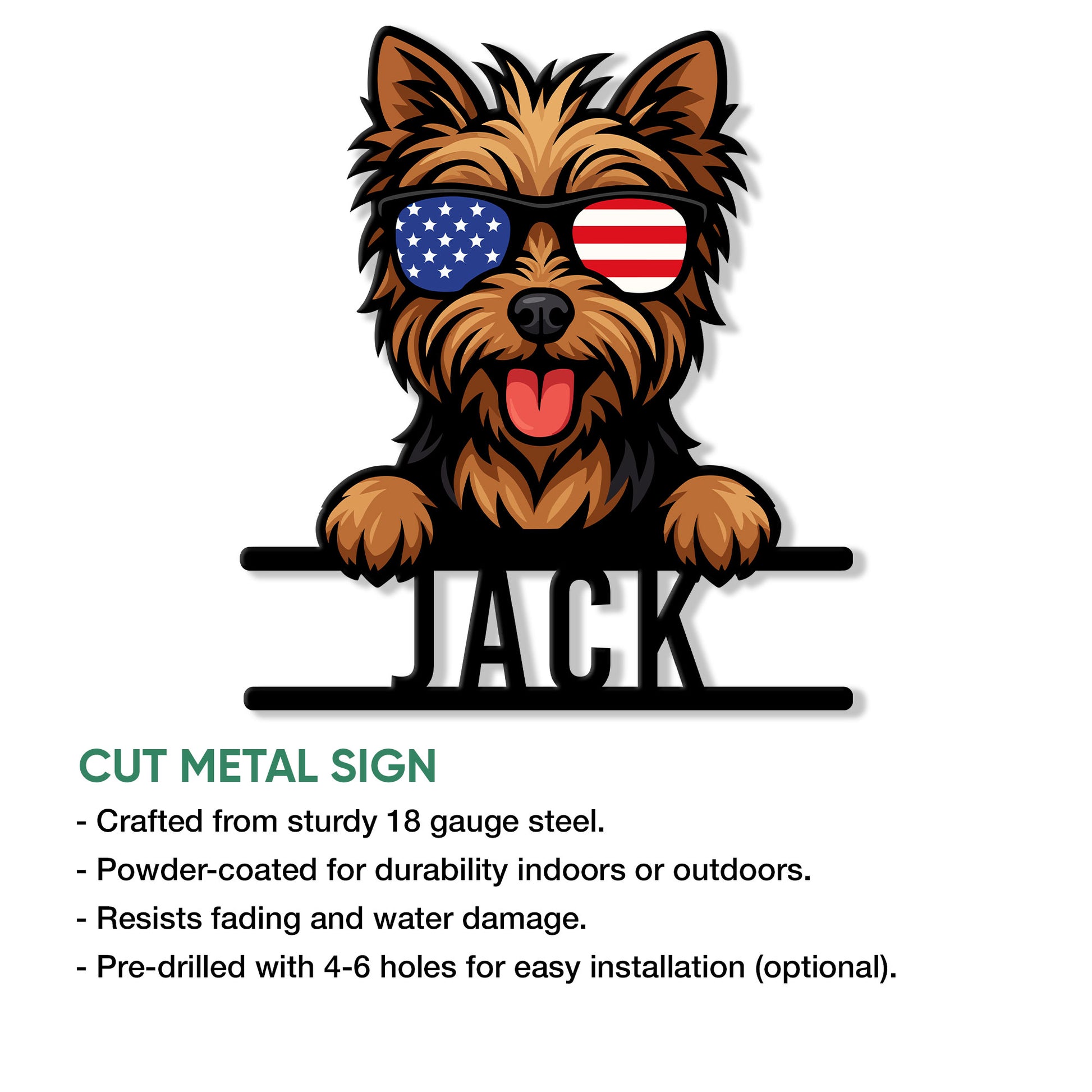 Yorkshire Terrier metal sign feature graphic showing the patriotic dog design and cut metal sign presentation