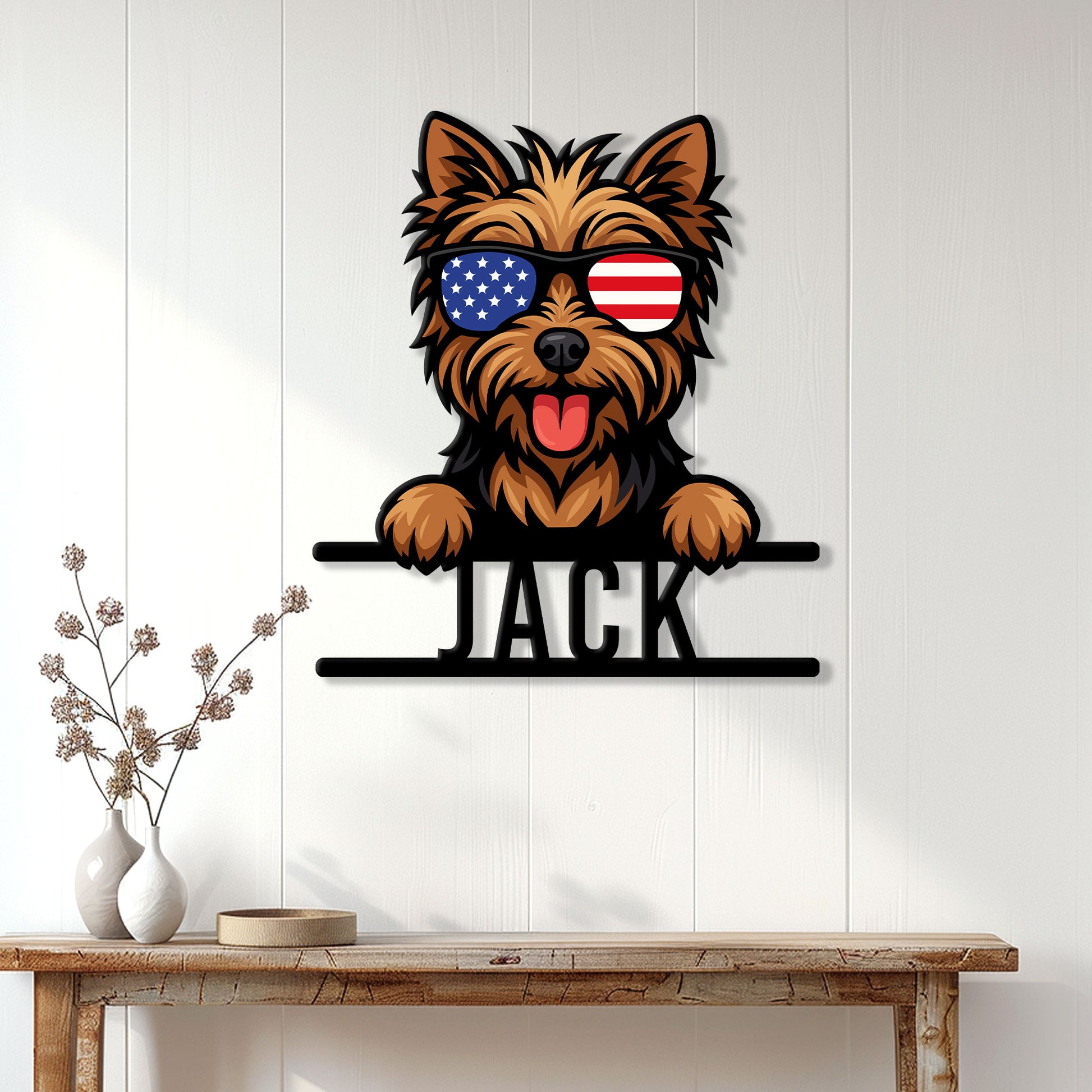 Patriotic Yorkie metal sign displayed on a light wood-paneled wall above a console table