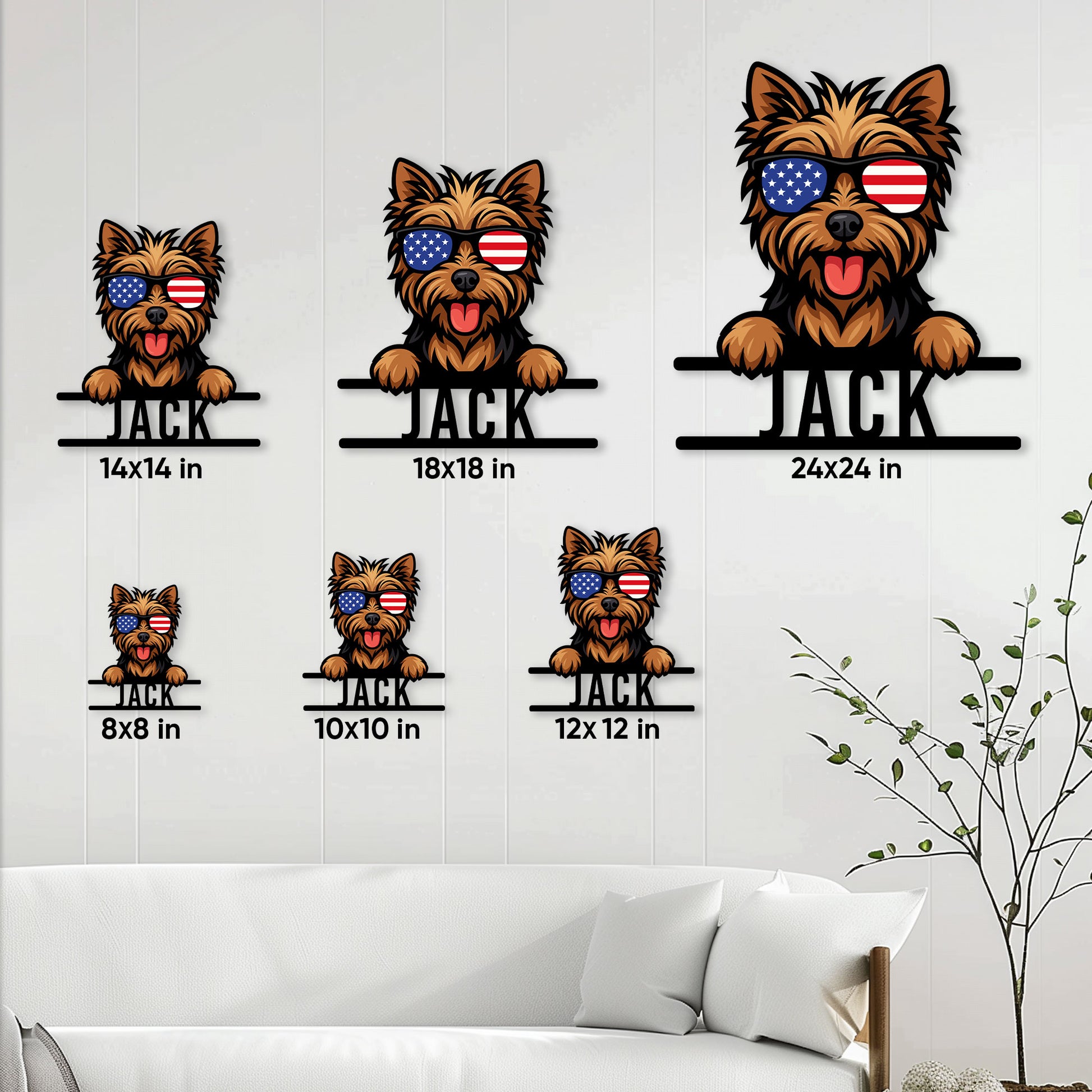 Yorkie metal sign size guide showing the patriotic dog design in multiple available dimensions