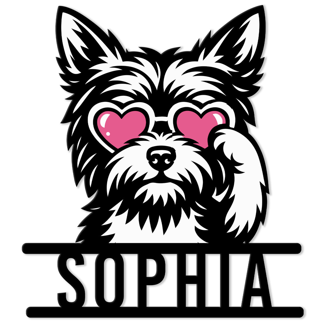 Yorkie metal sign featuring a fluffy dog portrait wearing pink heart-shaped glasses