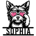 Yorkie metal sign featuring a fluffy dog portrait wearing pink heart-shaped glasses