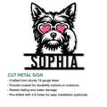 Yorkie metal sign product graphic showing a heart-glasses dog design and cut-metal sign features