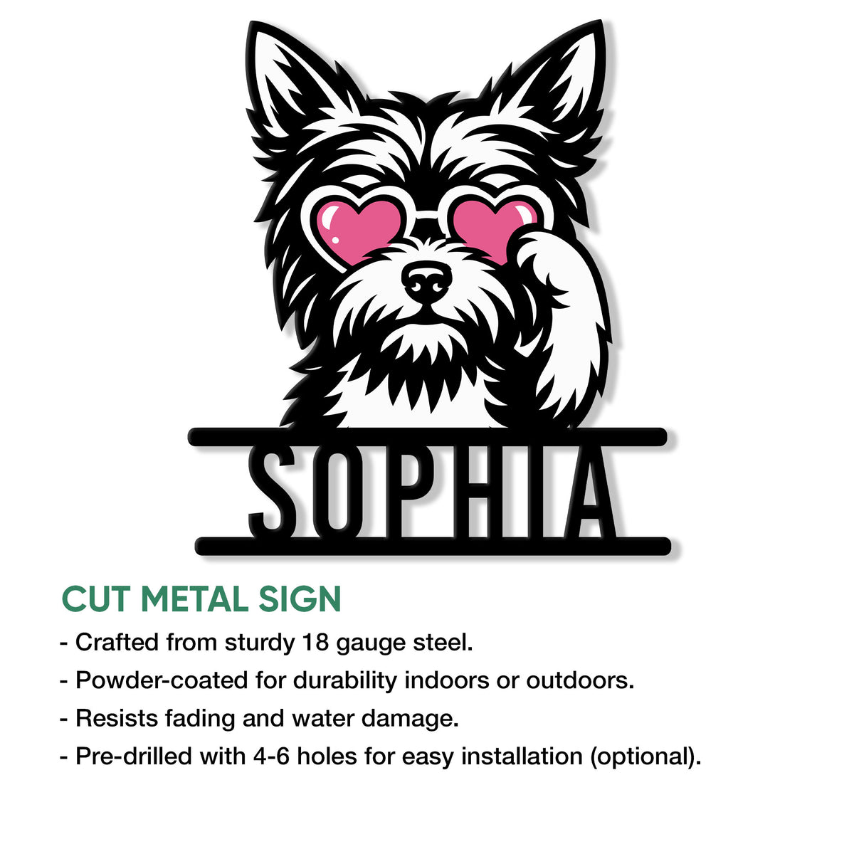 Yorkie metal sign product graphic showing a heart-glasses dog design and cut-metal sign features