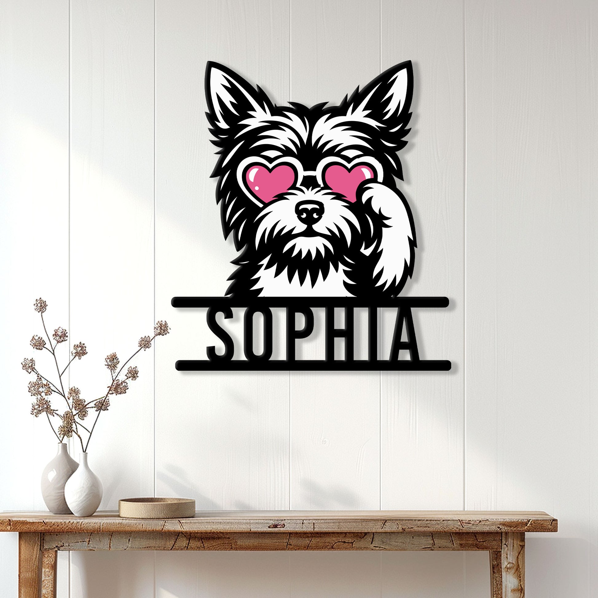 Yorkie dog metal wall sign displayed on a light paneled wall above a console table