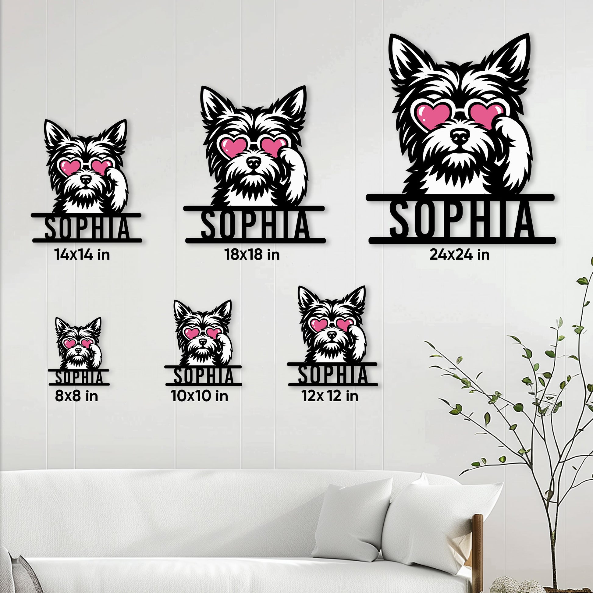 Yorkie metal sign size guide showing multiple square size options in a living room setting