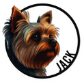 Detailed Yorkshire Terrier portrait in a circular frame for a custom Yorkie metal sign