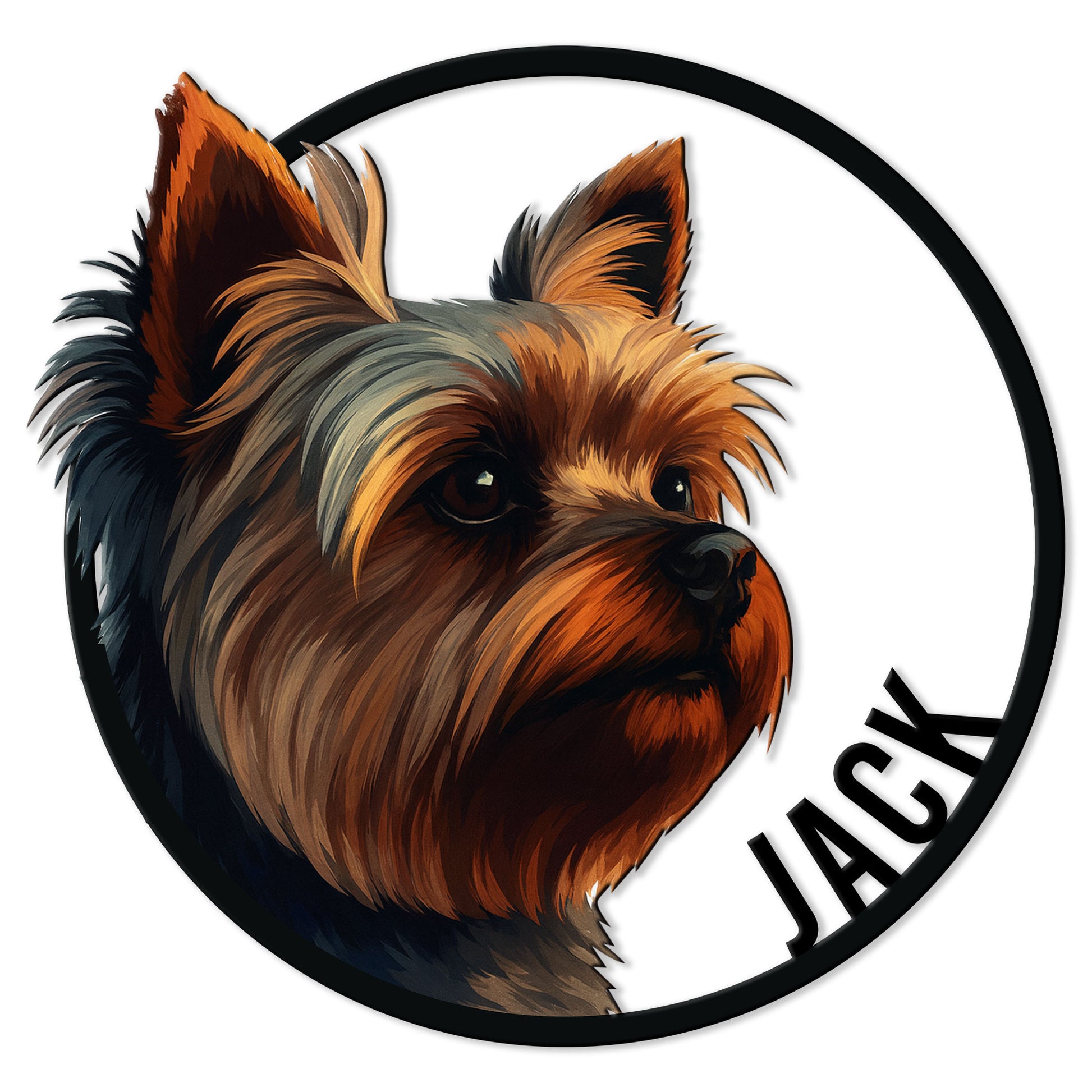Detailed Yorkshire Terrier portrait in a circular frame for a custom Yorkie metal sign