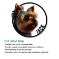 Yorkie metal sign product artwork with a realistic Yorkshire Terrier portrait and circular frame