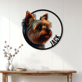 Custom Yorkie wall sign displayed above a console table in a bright home entryway