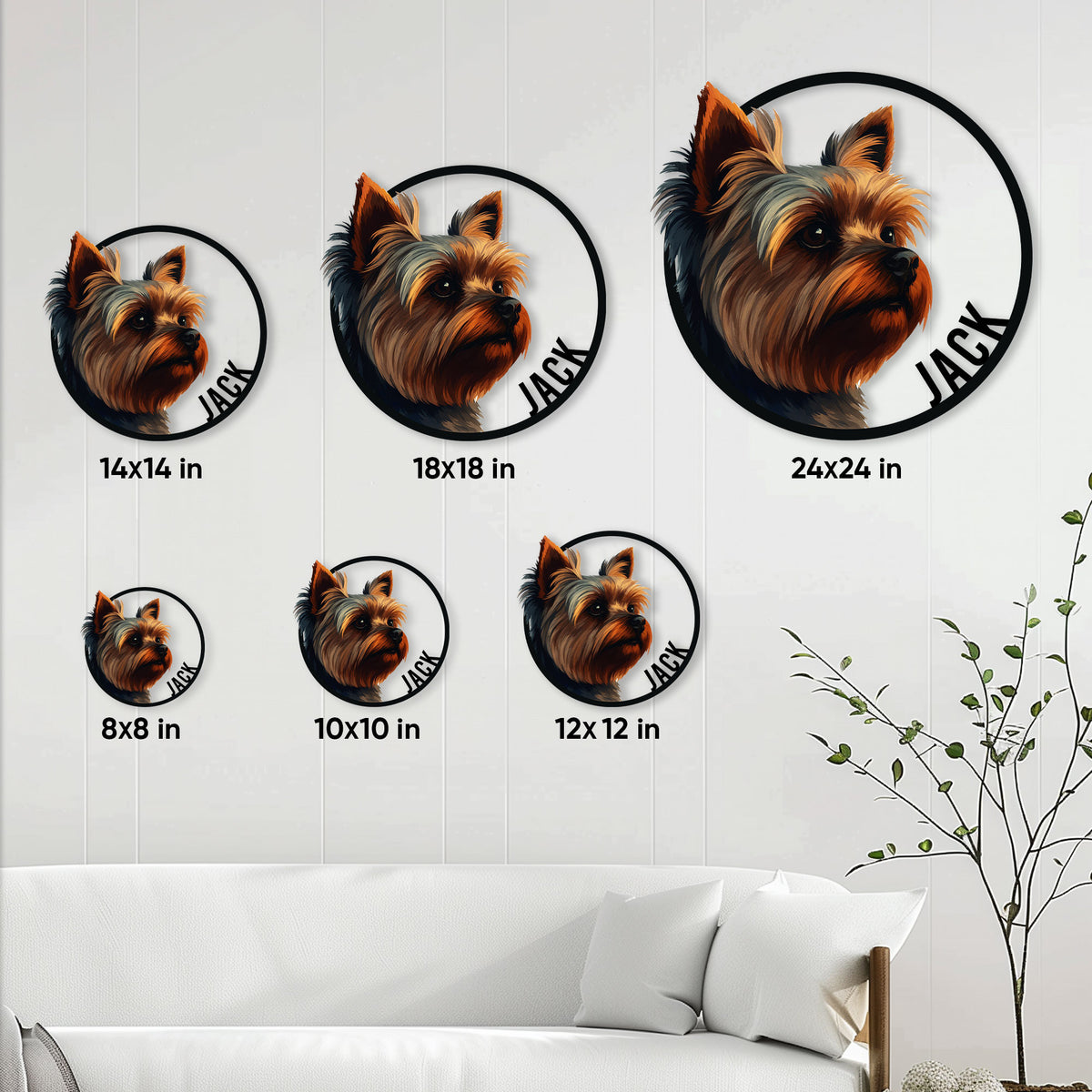 Yorkie metal sign size guide showing multiple square size options in a living room setting