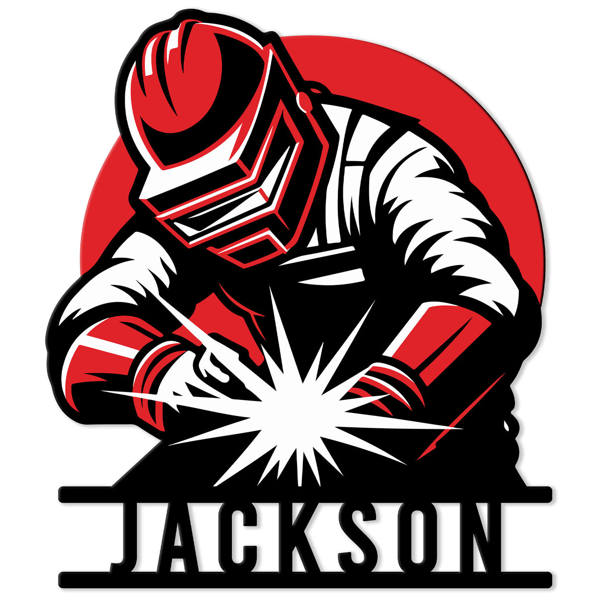 Bold red, black, and white welder metal sign featuring a protective helmet, welding sparks, and workwear