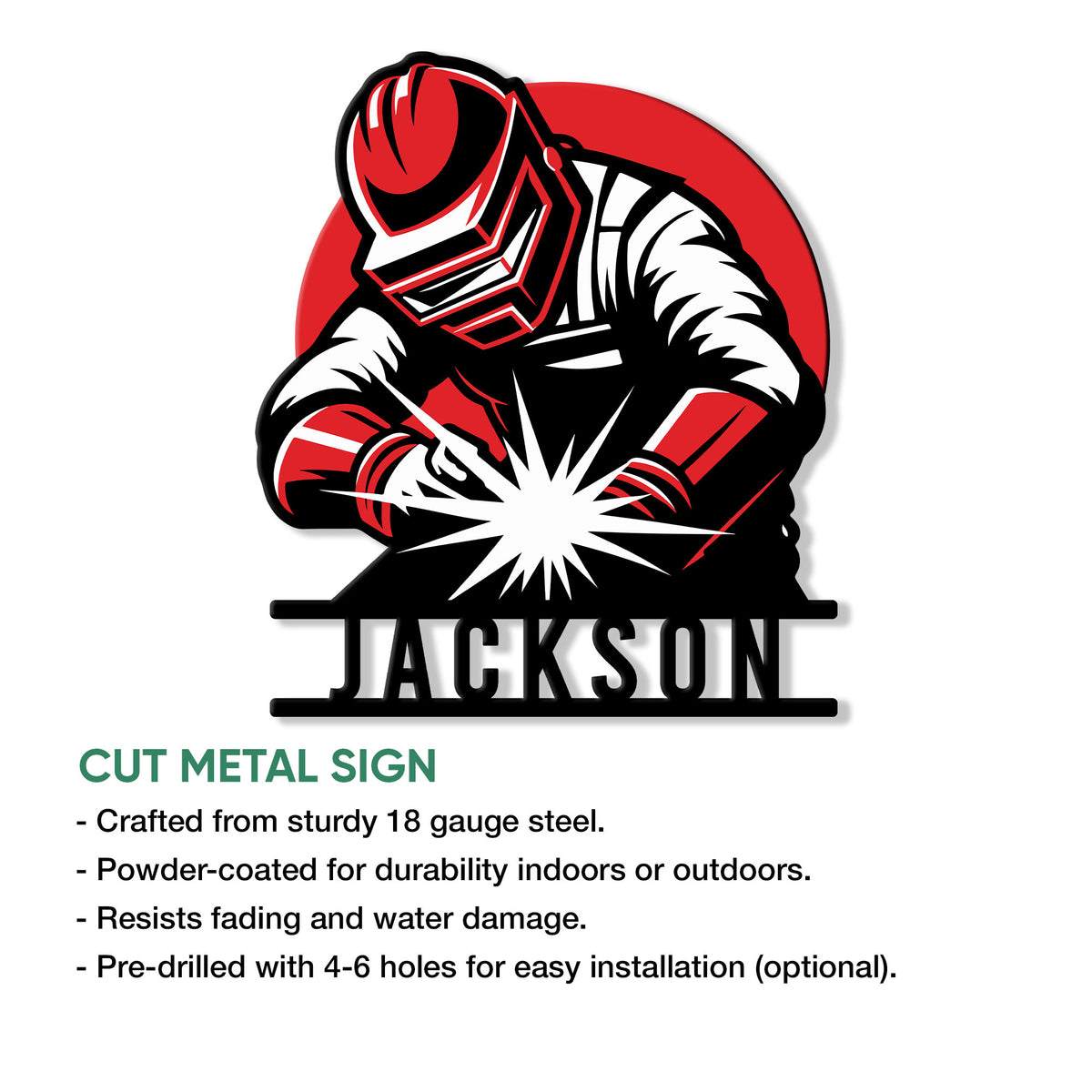 Welder cut metal sign shown with a product feature infographic and bold red, black, and white artwork