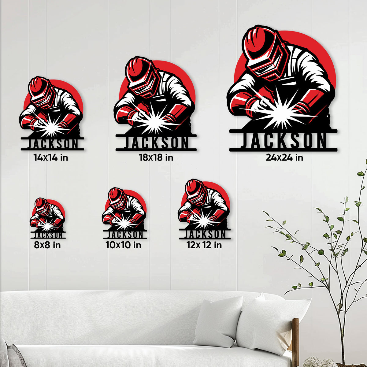 Welder metal sign size guide showing multiple square size options arranged on a living room wall
