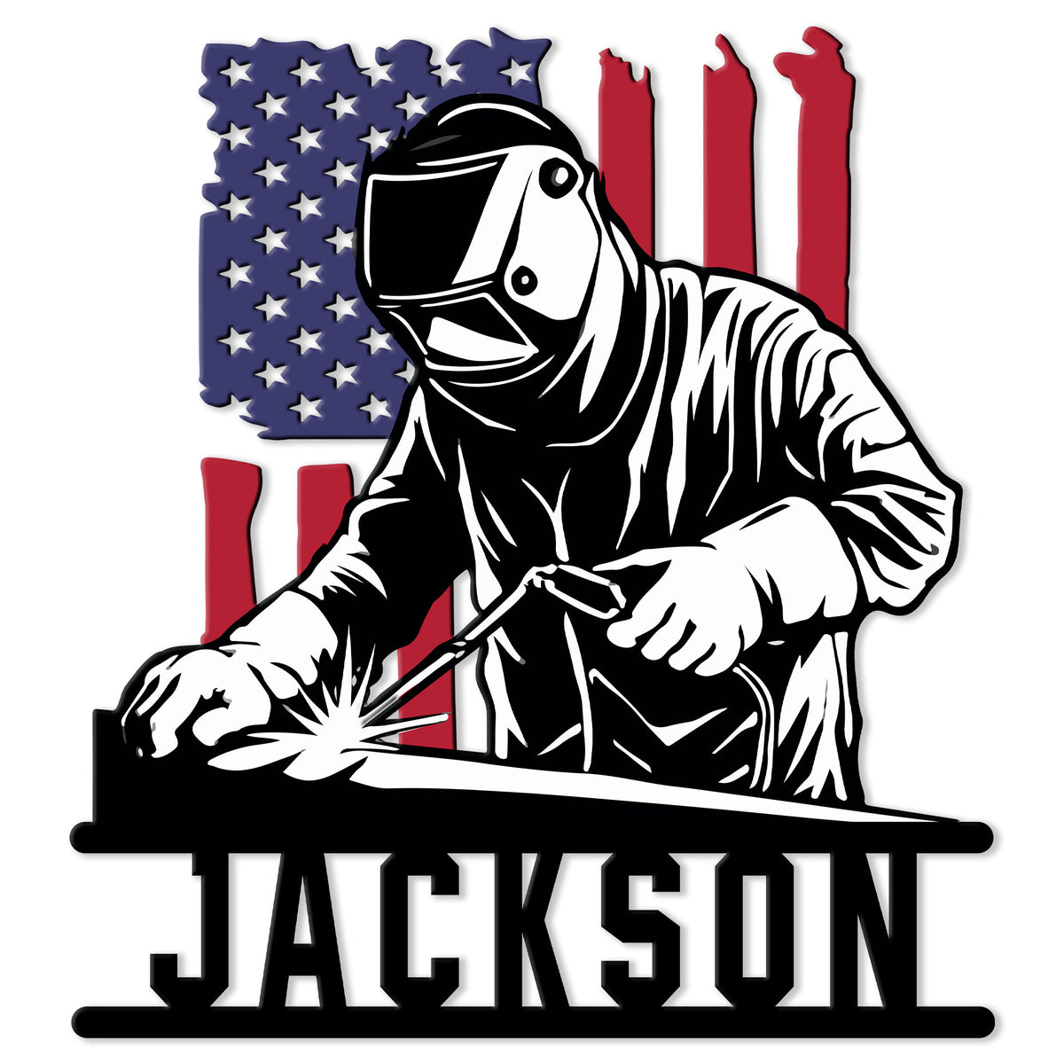 Patriotic welder metal sign featuring a protective helmet, welding torch, and American flag design