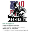 Close-up welder metal sign artwork showing a masked worker welding against a patriotic flag backdrop