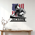 Patriotic welder wall sign displayed above a console table in a bright home interior