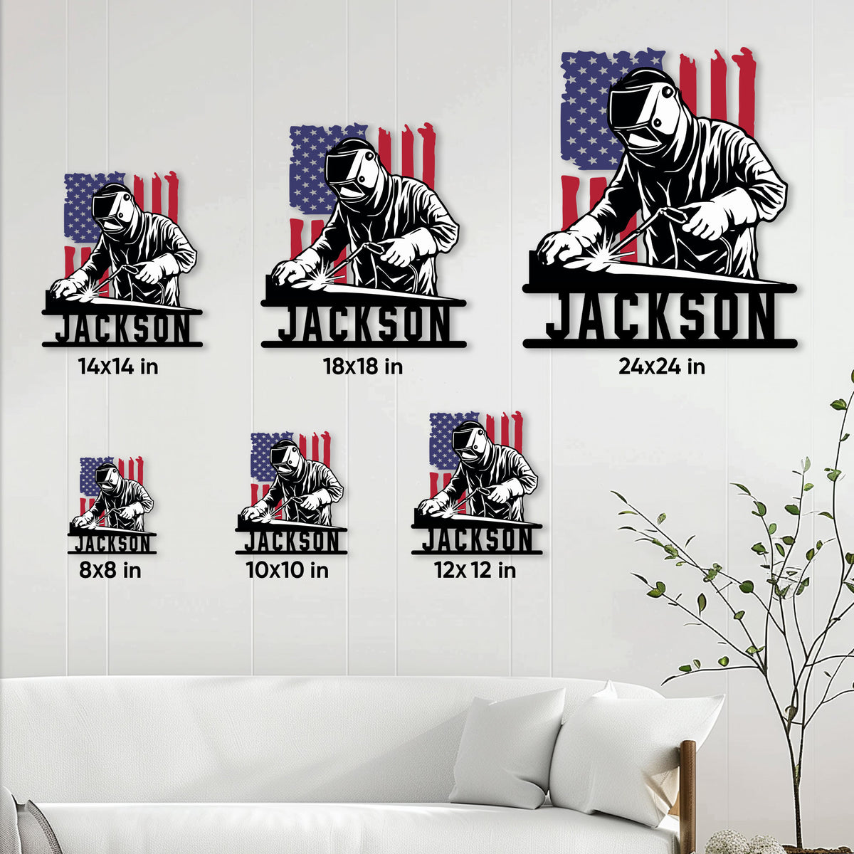 Welder metal sign size guide showing available square sizes from 8 by 8 to 24 by 24 inches