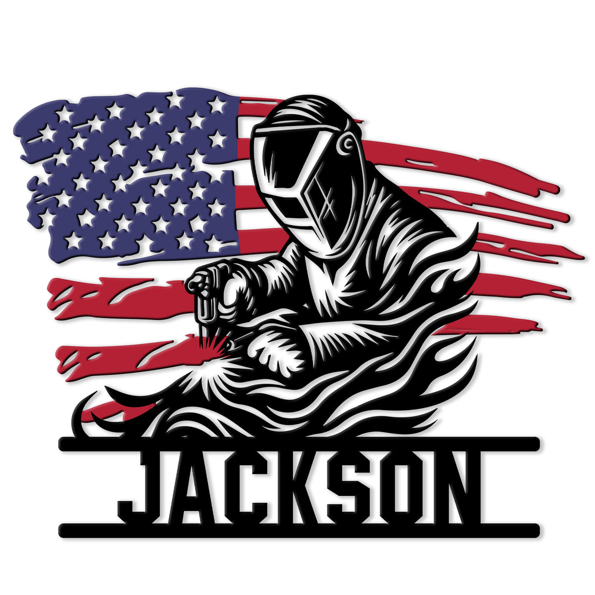 Welder metal sign featuring a welding helmet, torch, and distressed American flag