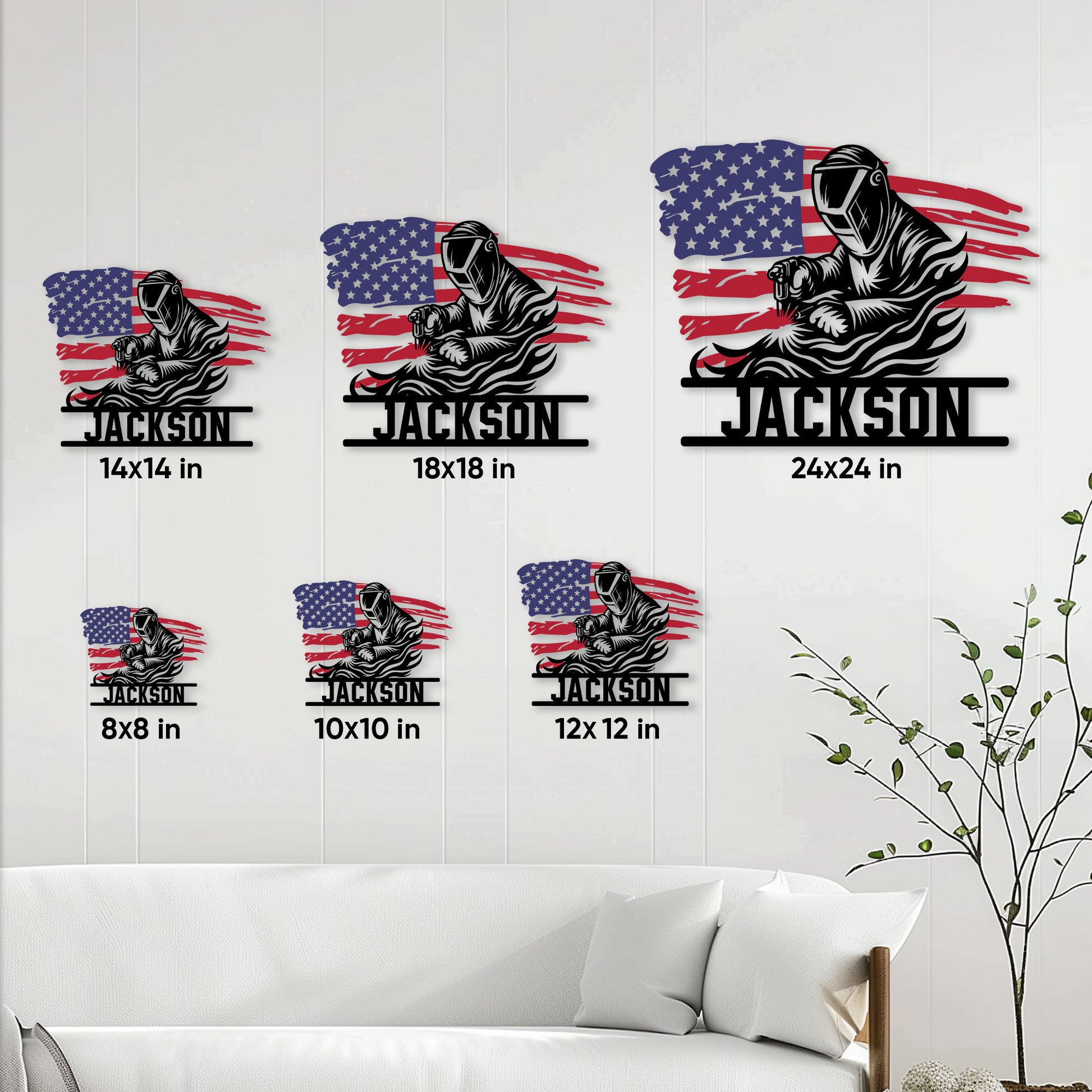 Welder metal sign size guide showing available square sizes from 8 by 8 to 24 by 24 inches
