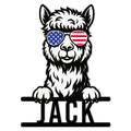 Alpaca metal sign featuring a fluffy alpaca wearing patriotic sunglasses and resting its paws on a bar