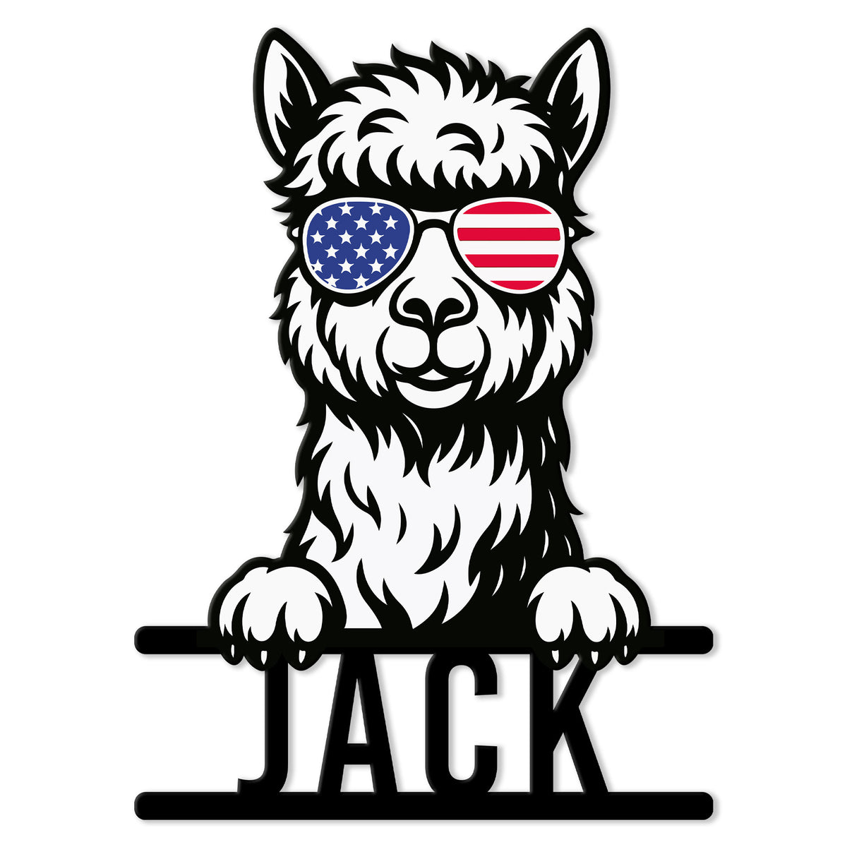 Alpaca metal sign featuring a fluffy alpaca wearing patriotic sunglasses and resting its paws on a bar