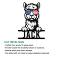 Alpaca metal sign feature graphic showing a fluffy alpaca with American flag sunglasses
